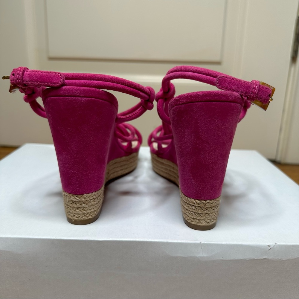 Prada, Fuscia Suede Raffia-Wrapped Espadrille Wedge Sandal, NWOT, Size 7 - Picture 5 of 10